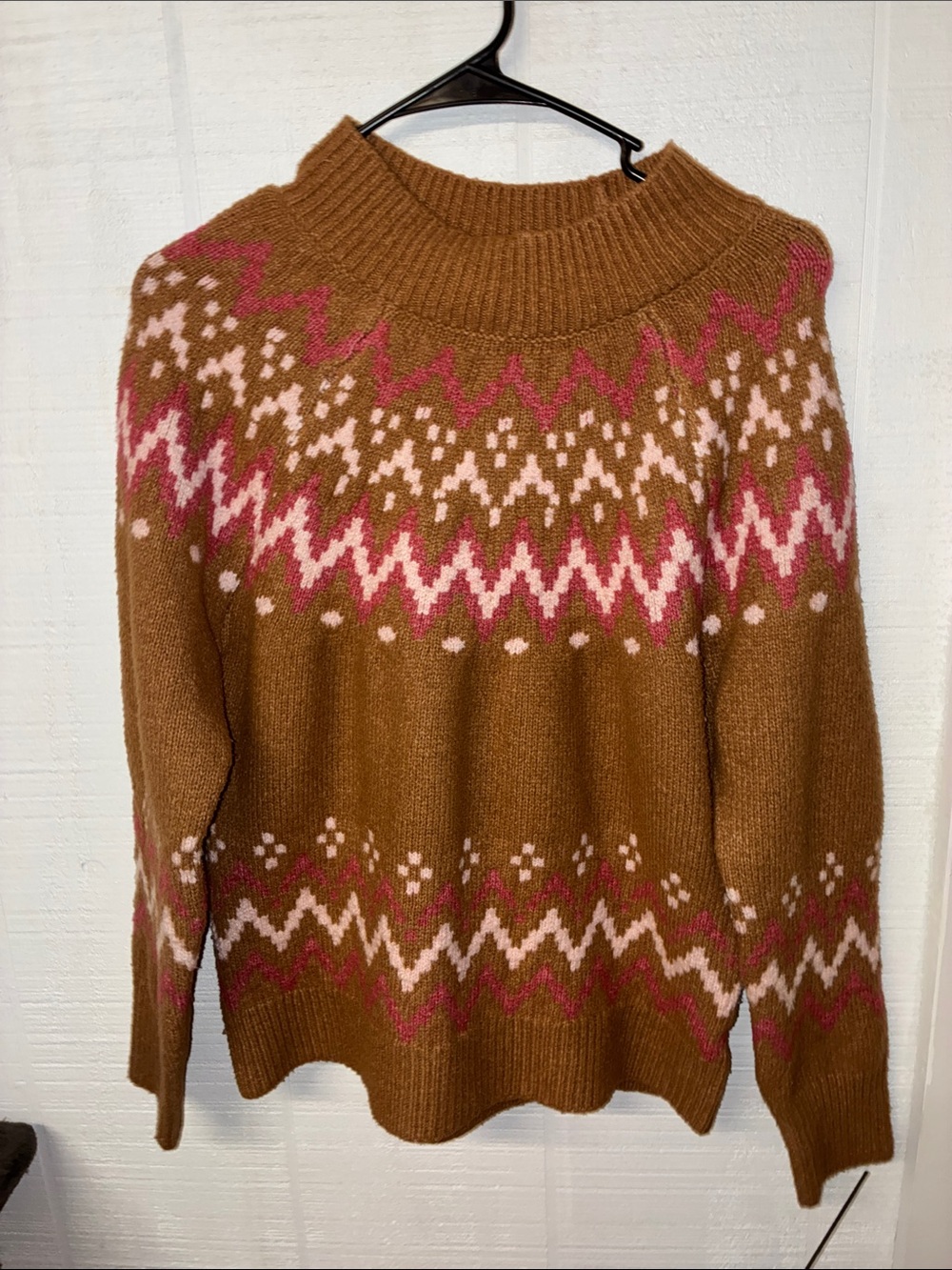 Rachel Zoe Brown Fair Isle Turtleneck Sweater with Pink and Cream